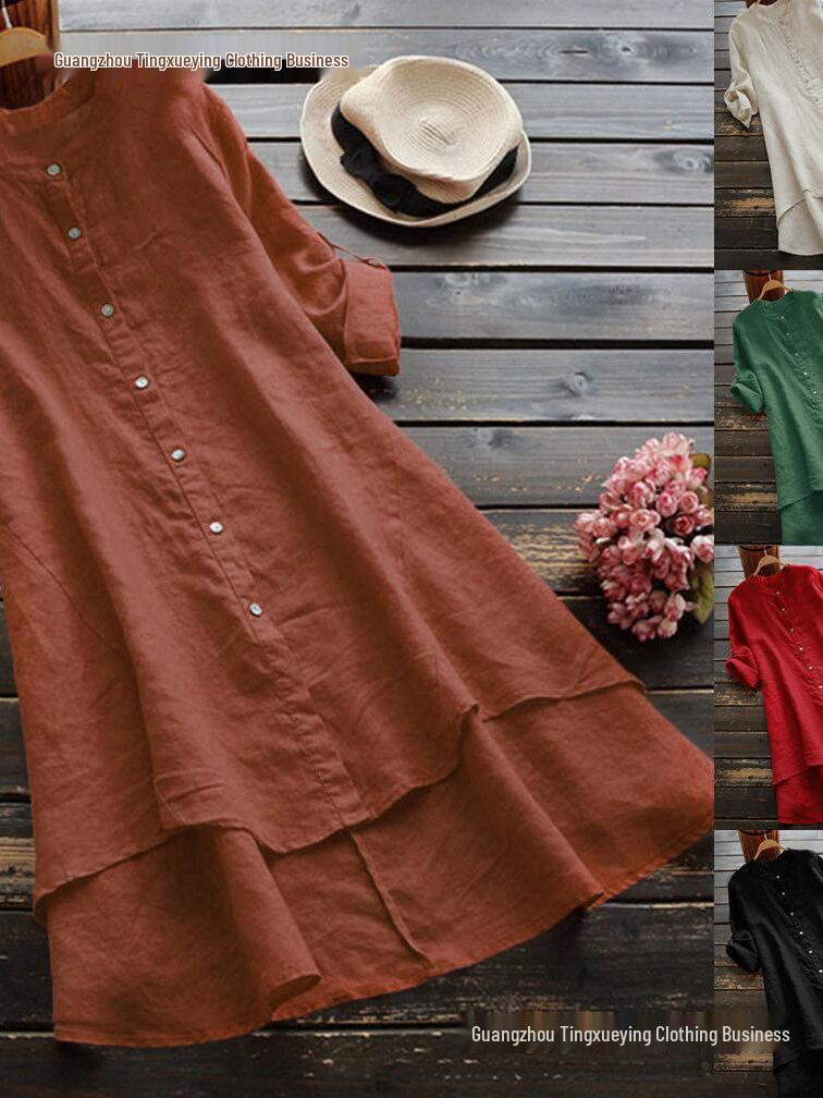 Women's Solid Color Button-Up Cotton Linen Long Sleeve Shirt