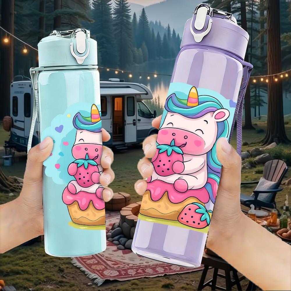 1PC Donut Unicorn Cartoon Art 750ml Color Plastic Sports Water Bottle Leakproof Flip Straw Lid Suitable for Sports Office Home Use