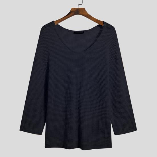 Spring Autumn Men Pullover Sweater V-Neck Long Sleeve Solid Color Knitted Tops Hollow