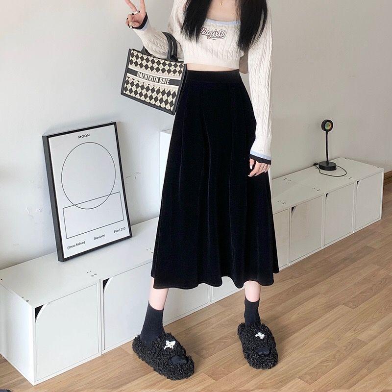 Autumn Winter Warm Vintage Red Elegant Velvet A-line Skirt for Women High Waist Casual Black Party Pleated Big Swing Skirts
