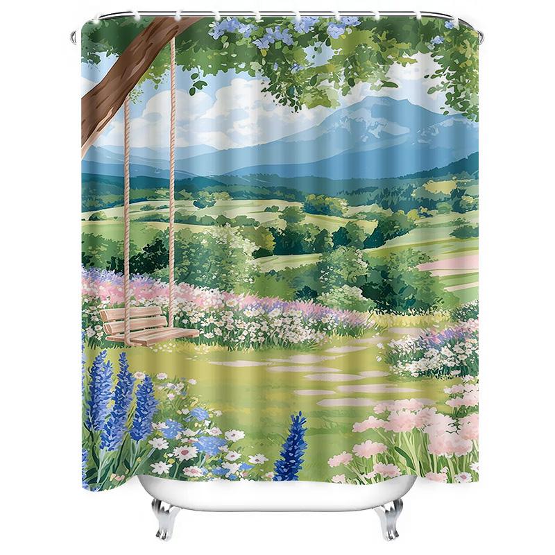 Scenic Landscape with Swing Waterproof Shower Curtain Heat Resistant Machine Washable Non-Transparent 180x180cm