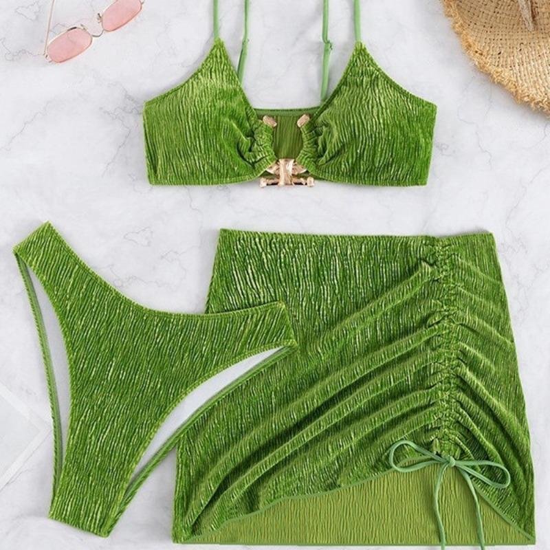 Women Sexy Solid Green Three Piece Split Bikini Swimsuit For Vacation Spa