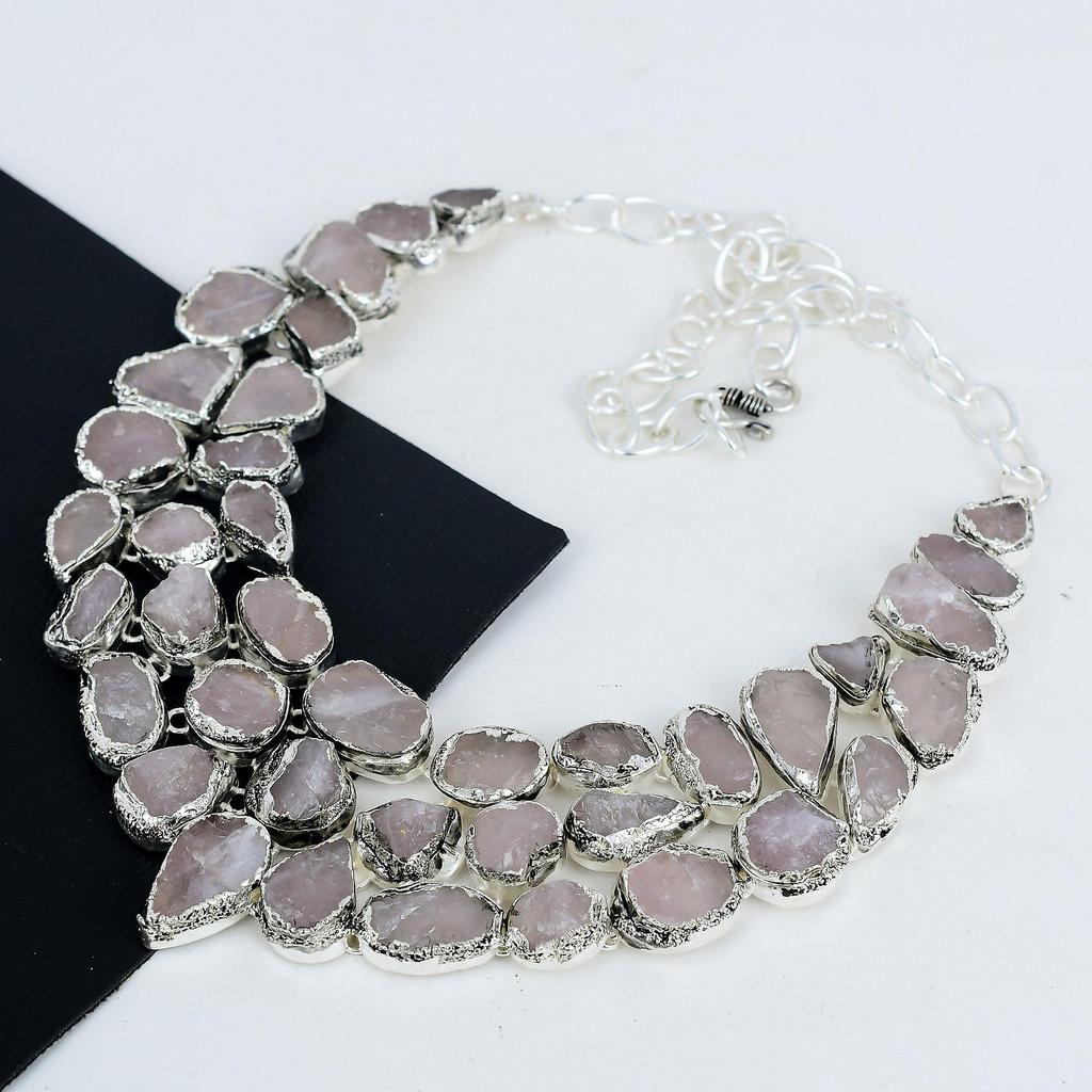 Natural Raw Rose Quartz Gemstone Handmade 925 Sterling Silver Electroform Necklace, Raw Rose Quartz Silver Necklace For Wife, Unisex Necklace Gifts
