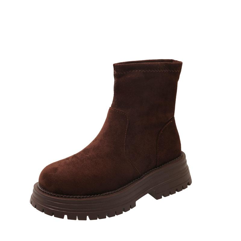 Original Autumn and Winter Thick-soled One-pedal Elastic Thick-heeled Martin Boots Low-heeled Leather Short Boots Thin Women's Boots