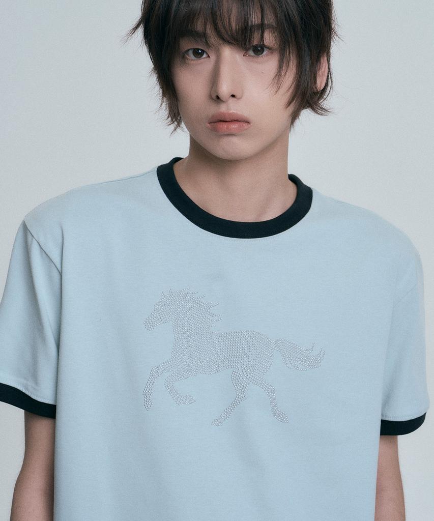 MOO Horse Hotfix Ringer Short Sleeve T-Shirt - Sky