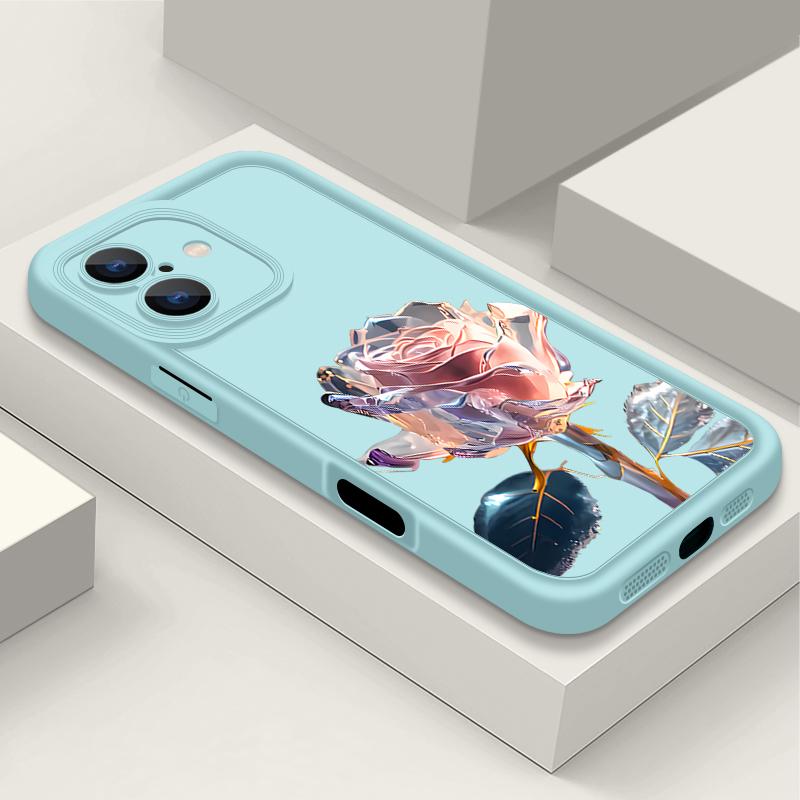 Pink Crystal Rose Pattern Shockproof Phone Case for iPhone 16 15 14 Plus 13 12 11 Pro Max Xs Xr 8 7 Matte Tpu Soft Lens Protection Anti-Fall Cover