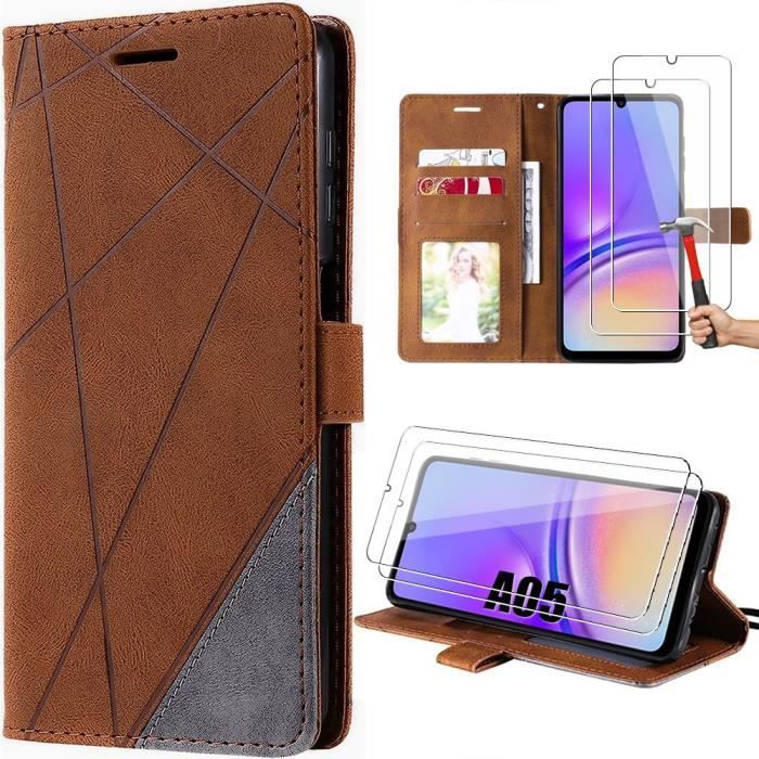 Coque pour Samsung Galaxy A05 - Marron Cuir Synthétique Design Linéaire + 2 Verres Trempés