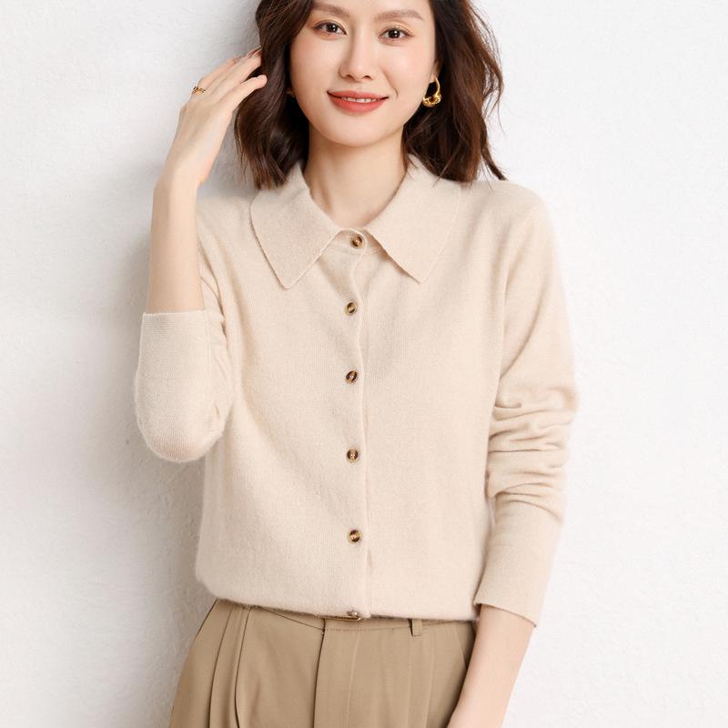 Women's POLO Collar Cashmere Knit Cardigan - 2026 Autumn/Winter Collection, Gentle Style, Solid Color, Single-Breasted.