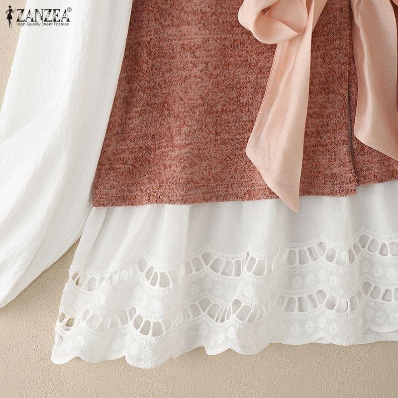 ZANZEA Lässige Patchwork-Bluse mit Rundhalsausschnitt und langen Ärmeln für Damen