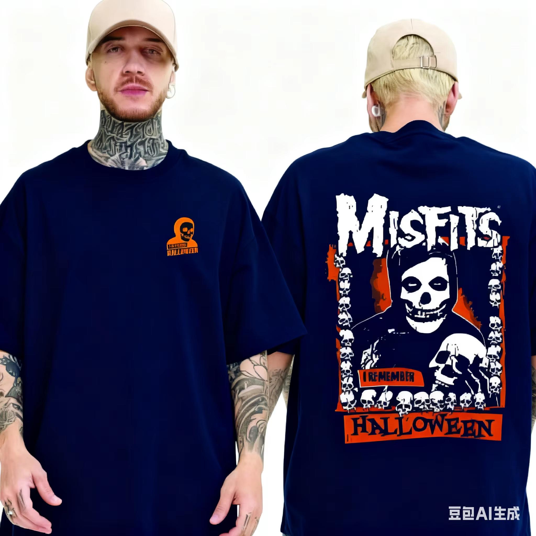 

Misfits Halloween Skull T-shirt Men s Summer Double-sided Printed Flowers Fashion Casual Round Neck Cotton T-shirt 4XL