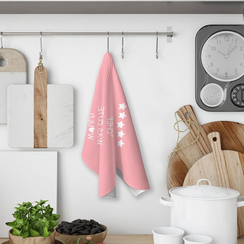 Pink Kitchen Accessories Towels, Chef was Cute Would Eat Here Again Dish Towels, Girly Cute Pink Chef Kithcen Decor