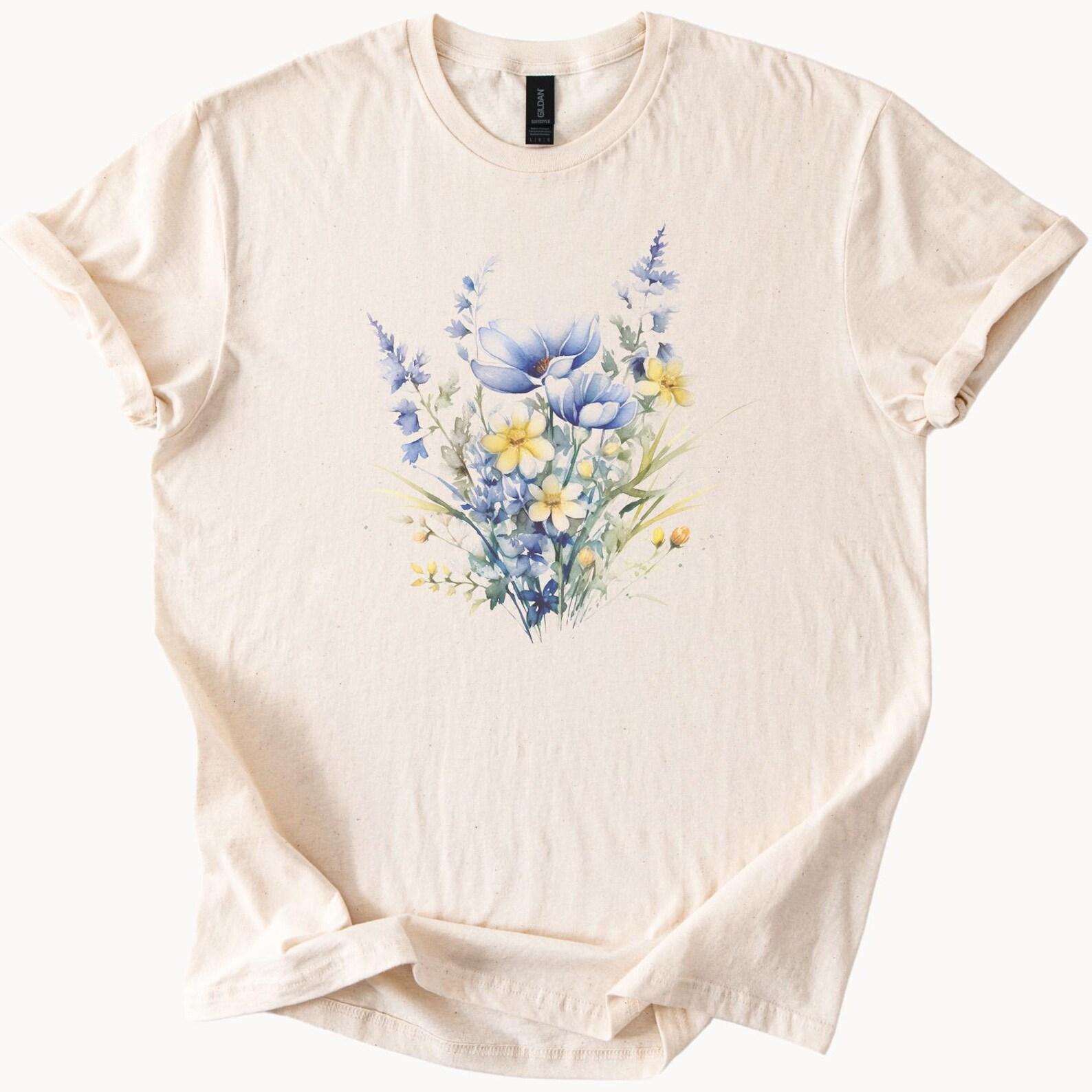 Blue Wildflower Bouquet Graphic T Shirt Watercolor Floral Tee with Yellow and Blue Flowers Nature Inspired Botanical Art Shirt 120