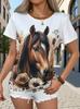 Women'S Casual Short Sleeve T-Shirt with Elegant Horse ; Floral Print. Round Neck. Soft Polyester Fabric. Perfect for Spring ; Summer. Casual Wear  Fl