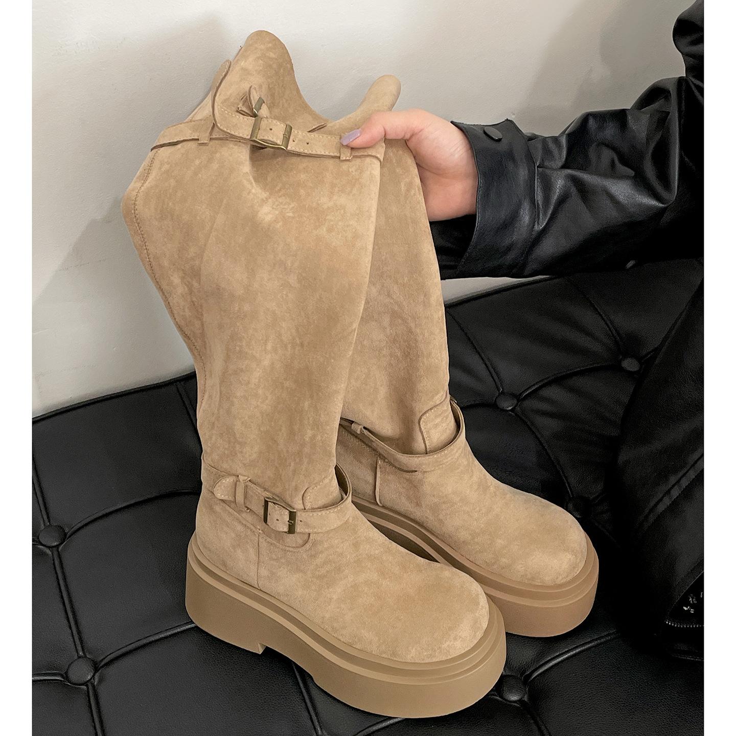 

Khaki retro small thick-soled heightening boots women s boots 2025 new autumn slim pile knight boots 39 абрикосовый