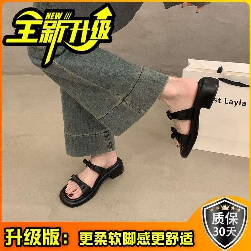 Silver Small Cool Slippers Wearing Fairy Shoes In the Summer of 2025 New Thick Heel Bow French Temperament Sandals