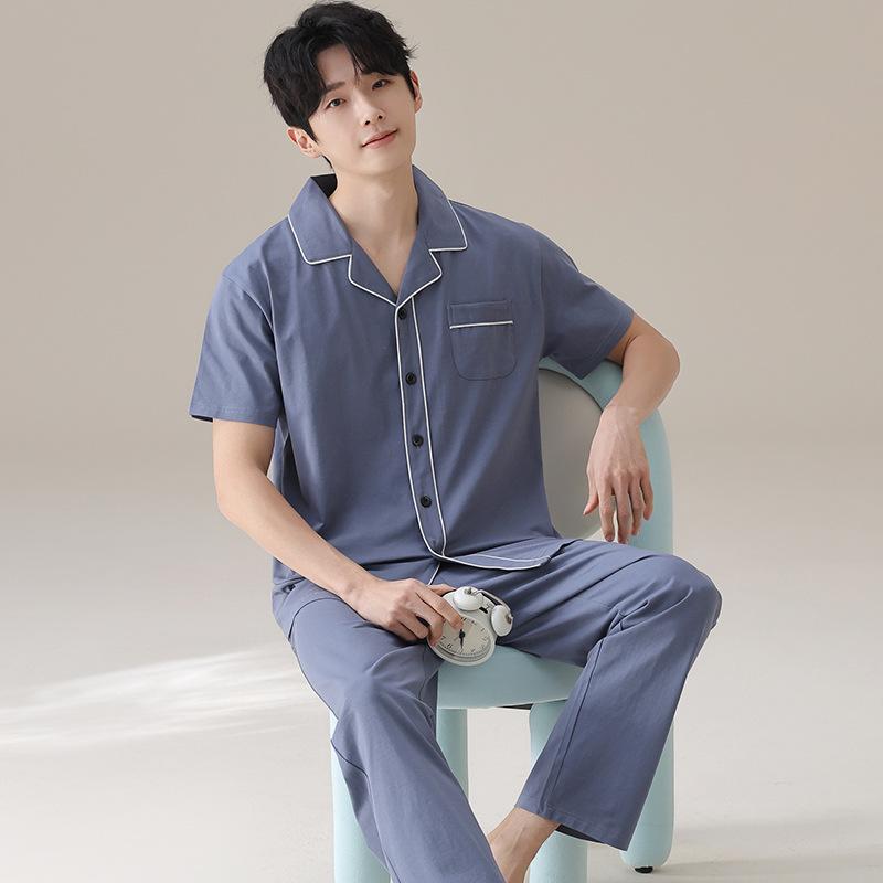 Lycra cotton couple pajamas summer pure cotton short-sleeved trousers loose and cool can be worn outside men's loungewear suit