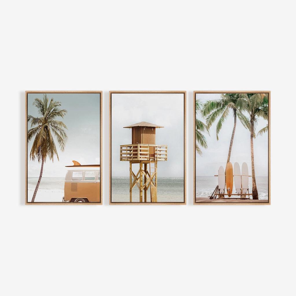 Wall Art Set of 3 Tropical Palm Tree Beach Lifeguard Pier Surfboard Print Ocean Photography Coastal Cottage Coastal Room Decor