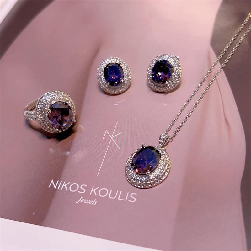 Elegant Violet Zirconia Jewelry Set: Stud Earrings, Necklace, and Ring for Women