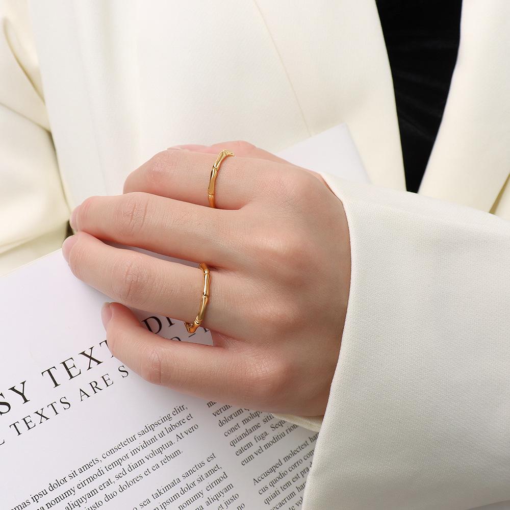 Korean-Style Bamboo Joint Titanium Steel Ring for Women, 18K Gold-Plated with Lasting Color Retention