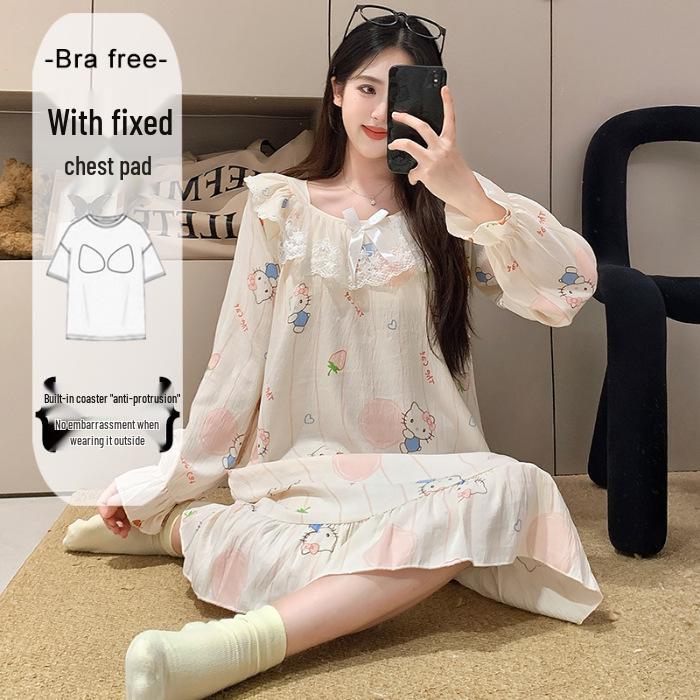 Cloud Cotton Sleep Dress: Long Sleeve Pink Pajamas for Girls - Spring/Autumn 2025