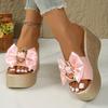White Satin Bowknot Chunky Platyform Sandals for Women Chain Decor Wedge Heel Sandals Woman Thick Bottom Summer Slippers