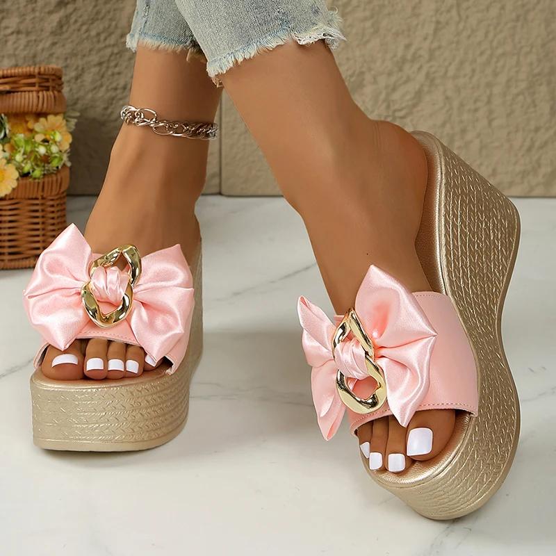 White Satin Bowknot Chunky Platyform Sandals for Women Chain Decor Wedge Heel Sandals Woman Thick Bottom Summer Slippers