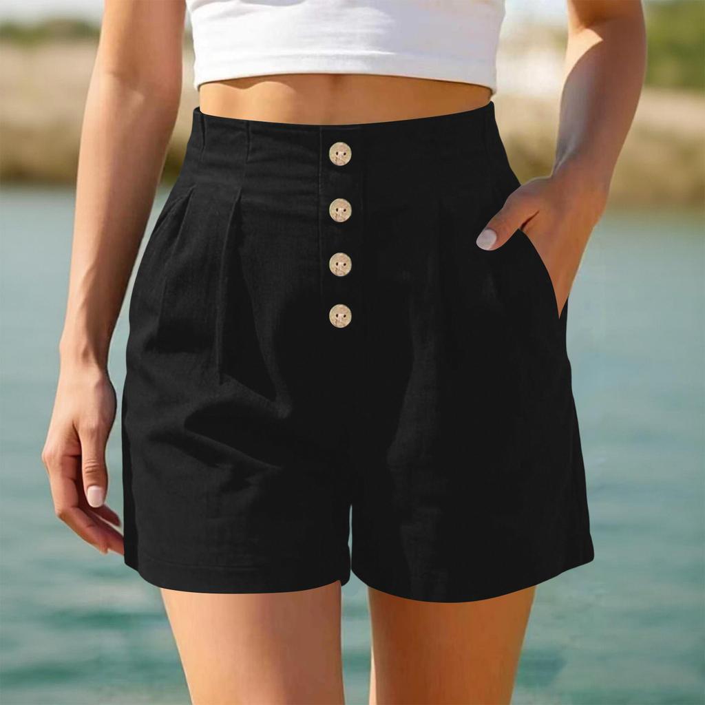 Women High Waist Casual Shorts Button Front Loose Fit Summer Beach Shorts with Pockets for Daily Wear and Relaxed Outings