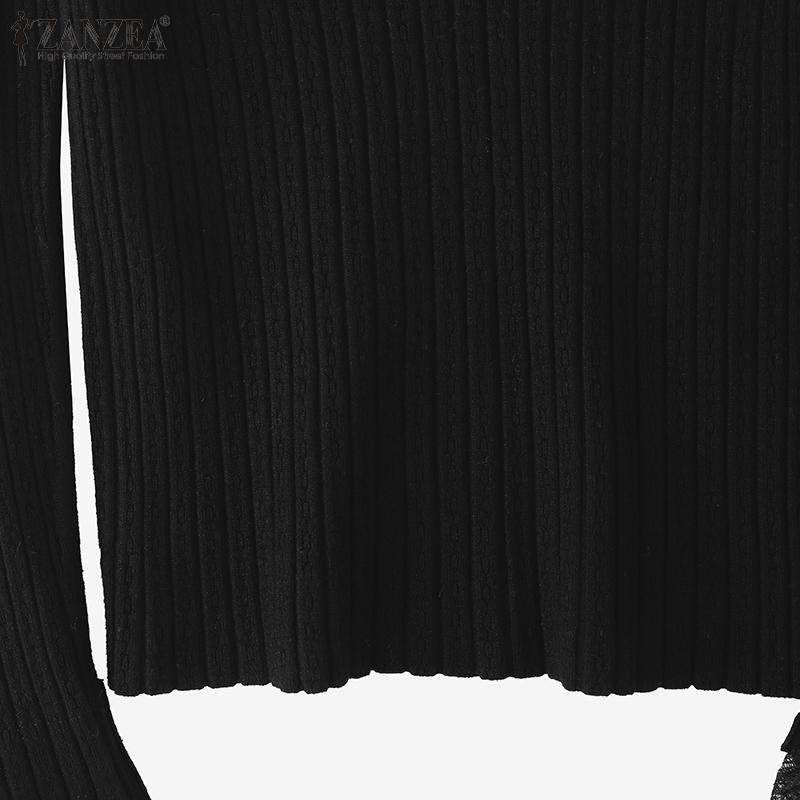 ZANZEA Damen-Pullover mit Stehkragen, langen Ärmeln, Spitzen-Patchwork-Stretch-Rippstrick, Unterhemden