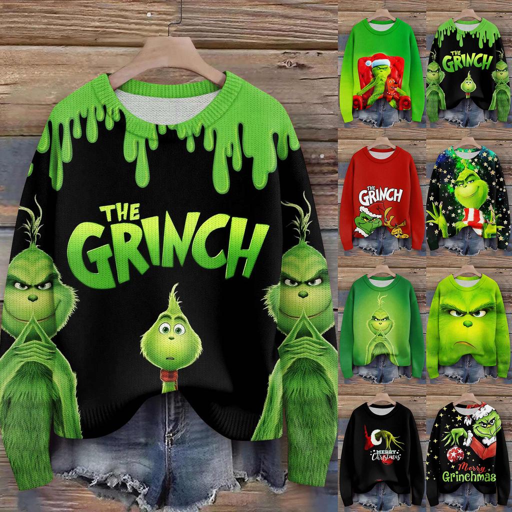 Long Sleeve Pullover Sweaters For Women O Neck Casual Cute Printing Knit Oversized Sweater