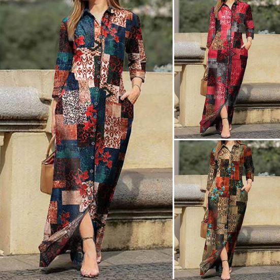 Maxikleid Umlegekragen Langarm Taschen Vintage Blumendruck Einreiher