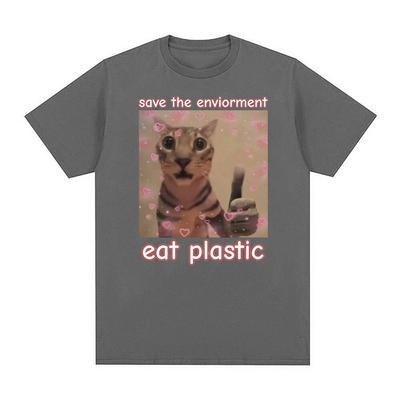 Save The EnvironUnisext Eat Plastic Funny Cat Meme T-Shirt Unisex Unisex Casual Fashion High Quality T Shirt 100% Cotton Oversized Tees