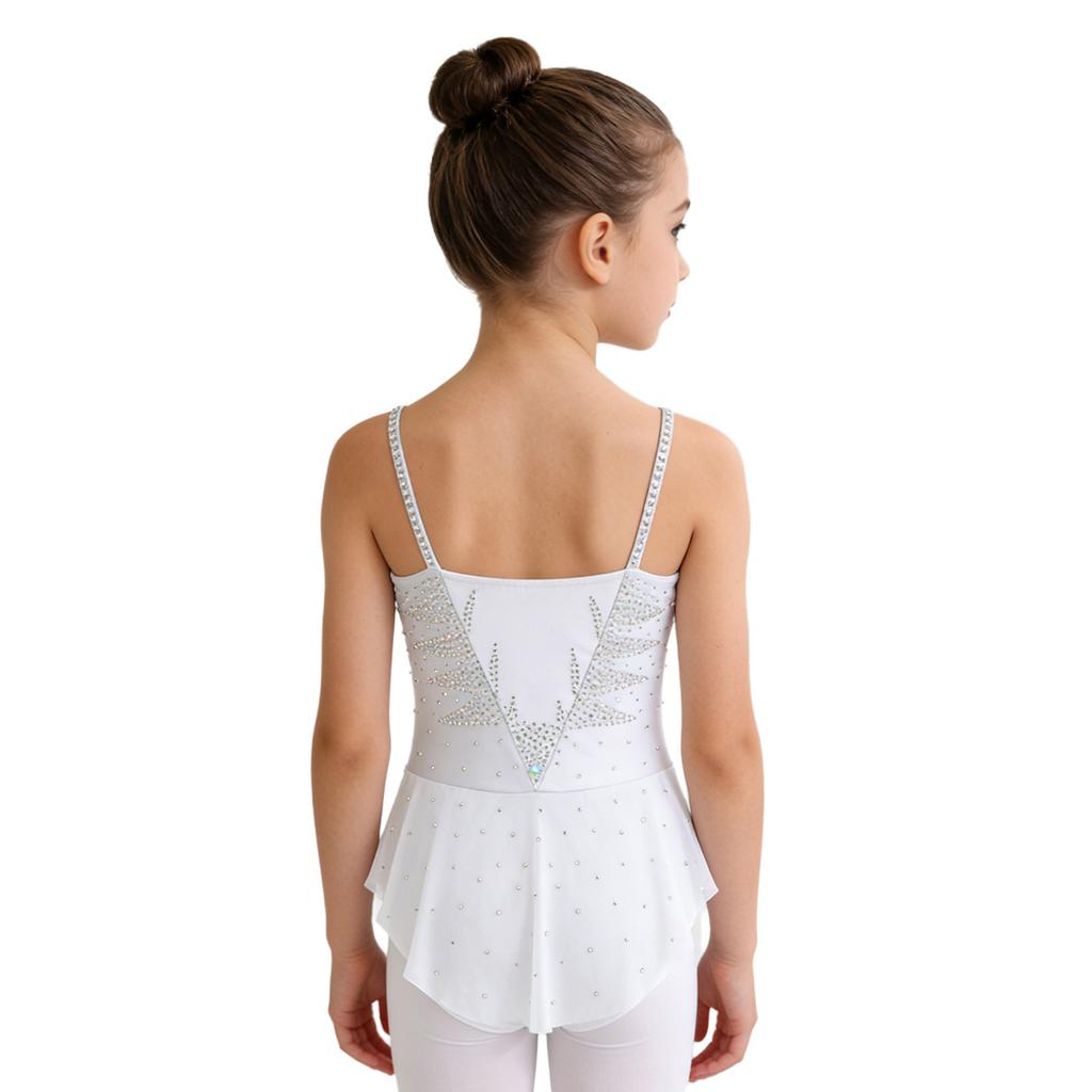 Vestito da Ginnastica da Bambina Senza Maniche con Rucher, Patchwork in Rete, Strass Scintillanti, Slip Integrati