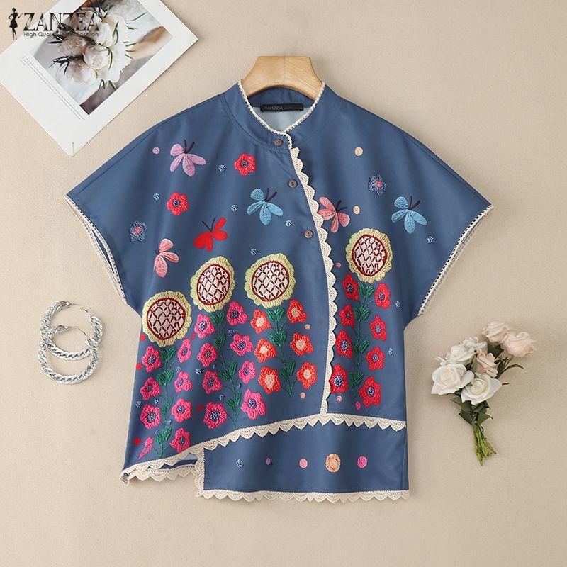 ZANZEA Damska bluzka z krótkim rękawem i okrągłym dekoltem w kwiaty