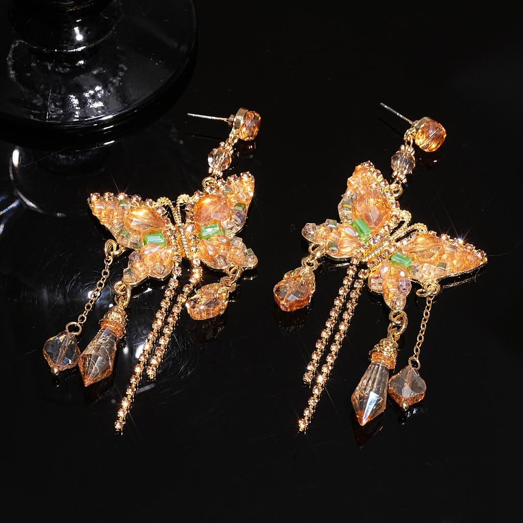 Silver Needle European and American Exaggerated Diamond-encrusted Butterfly Tassel Earrings Light Luxury Premium Earrings Holiday Temperament Earrings