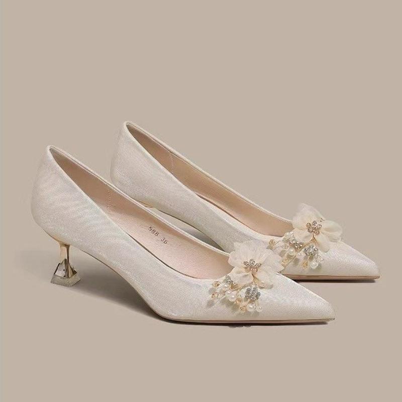Flower Pearl Women High Heels Shoes Crystal Luxury Sandals Elegant 2025 Trend New Summer Pointed Toe Shoes Woman Pumps Zapatos
