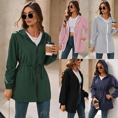 Women's Hooded Long Sleeve Zip Up Waterproof Windbreaker Loose Drawstring Waist Outdoor Mid Length Solid Rain Jacket Outerwear