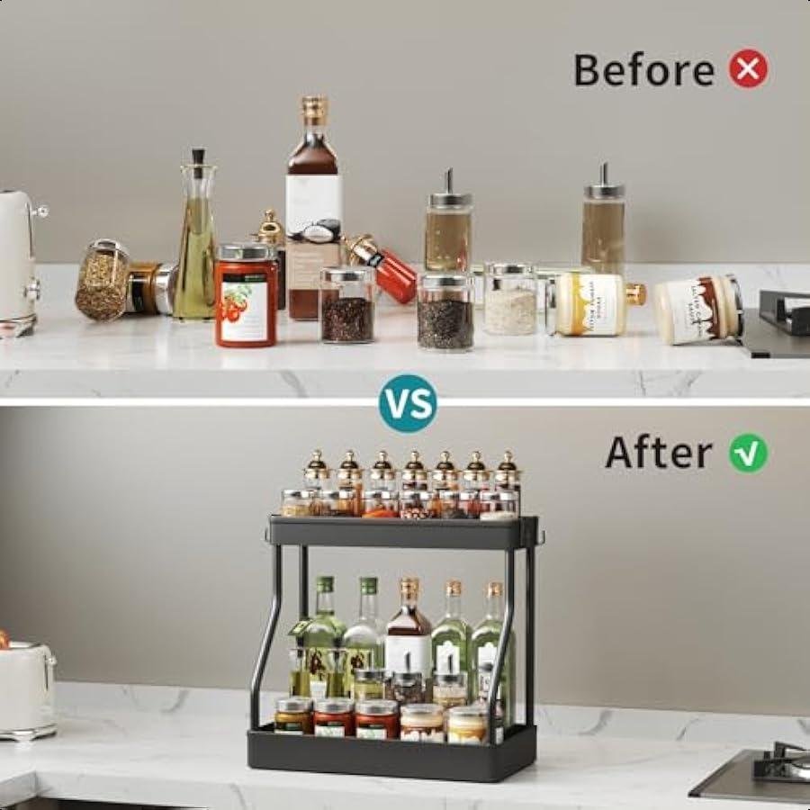 Coffee Stand Station Organizer for Countertop Spice Rack for Counter Kitchen Countertop Organizer Shelves with 4 Hooks 2 Tier L