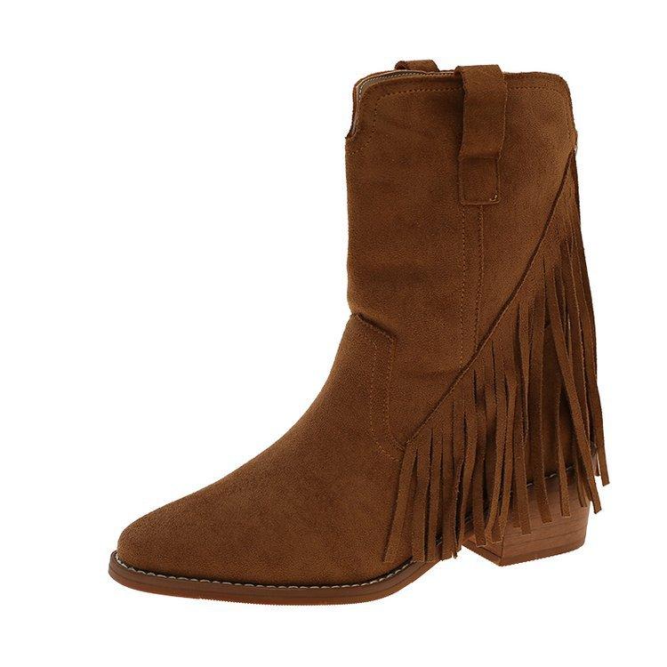 Sheepskin version~ retro western cowboy boots women's 2025 new pointed tassel short boots thick heel medium tube Martin boots