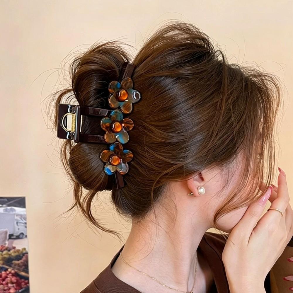 Tortoise Shell Acetic Acid Hair Claw Three Flower Non-Slip Grip Floral Shark Clip Large Size Strong Spring Acetate Hairpins