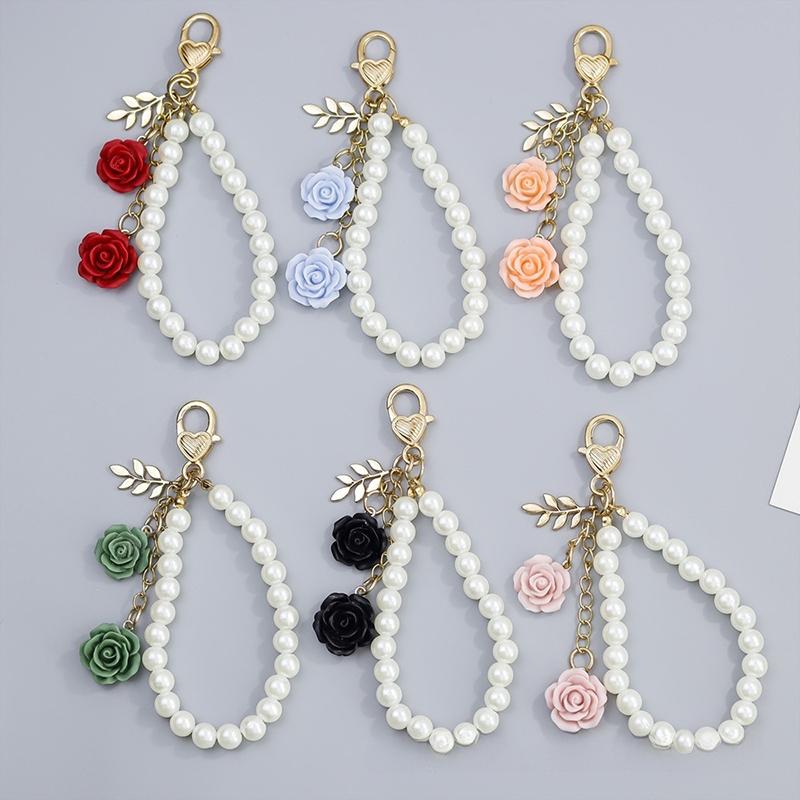Retro Camellia Flower Pendant Pearl Keychains For Women Backpack Decor Keyring Mobile Phone Beaded Key Chain Diy Jewelry