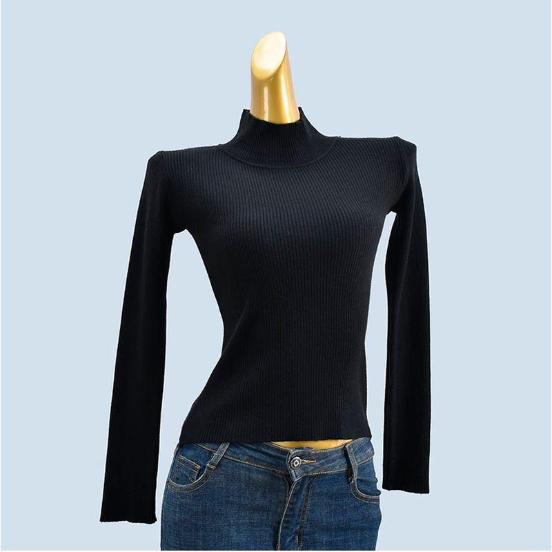 Half-High Collar Short Slim Long Sleeve Stretch Plaid Soft Glutinous Pure Color Knitting Sweater Bottoming Shirt Women's Clothing Easiest for Match