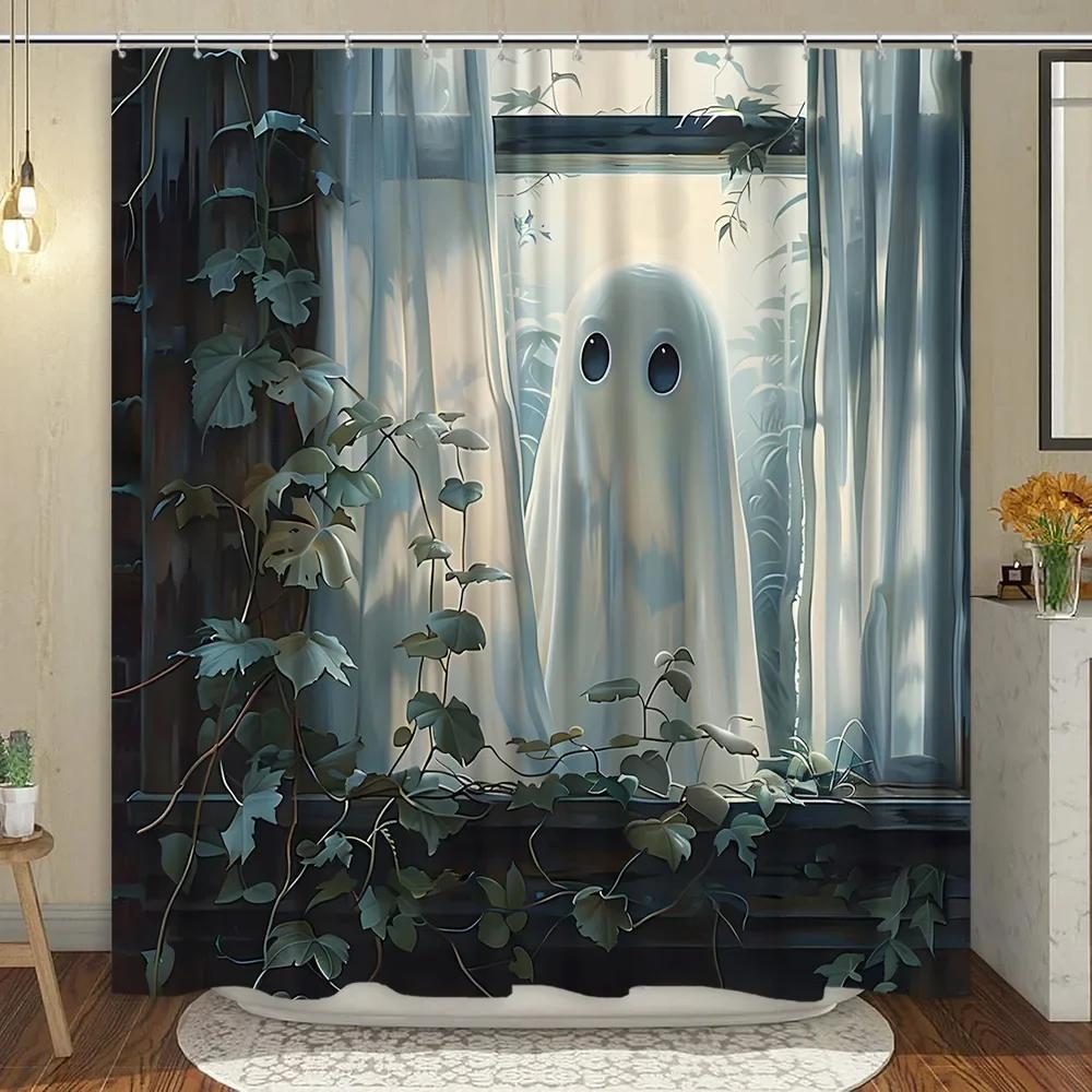 Cute Ghost Shower Curtain Cartoon Spooky Flower Plant Candle Watercolour Modern Home Polyester Fabric Bathroom Decor Curtain Set
