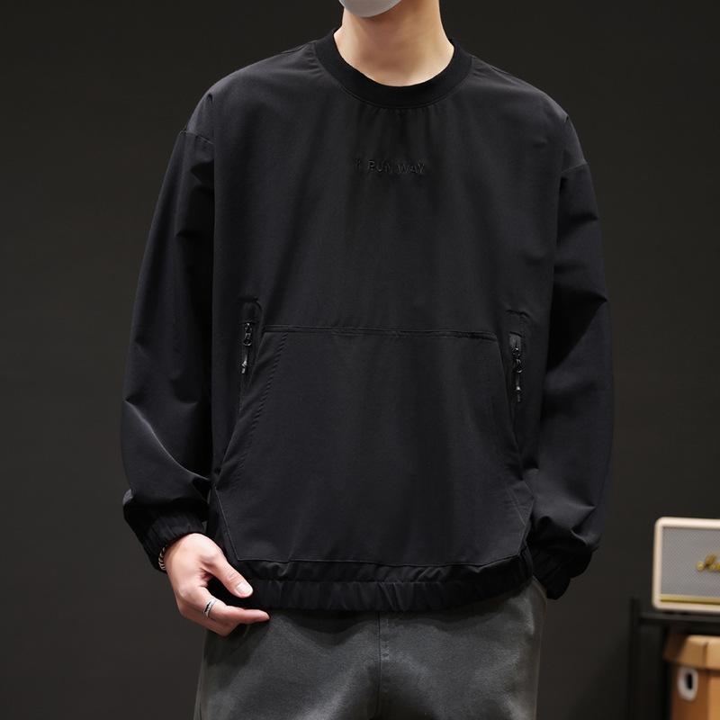 Spring Wear Thin Breathable Zipper Pocket Pullover Hoodie Male Students Loose Casual Long Sleeve T-shirt Elastic Handsome