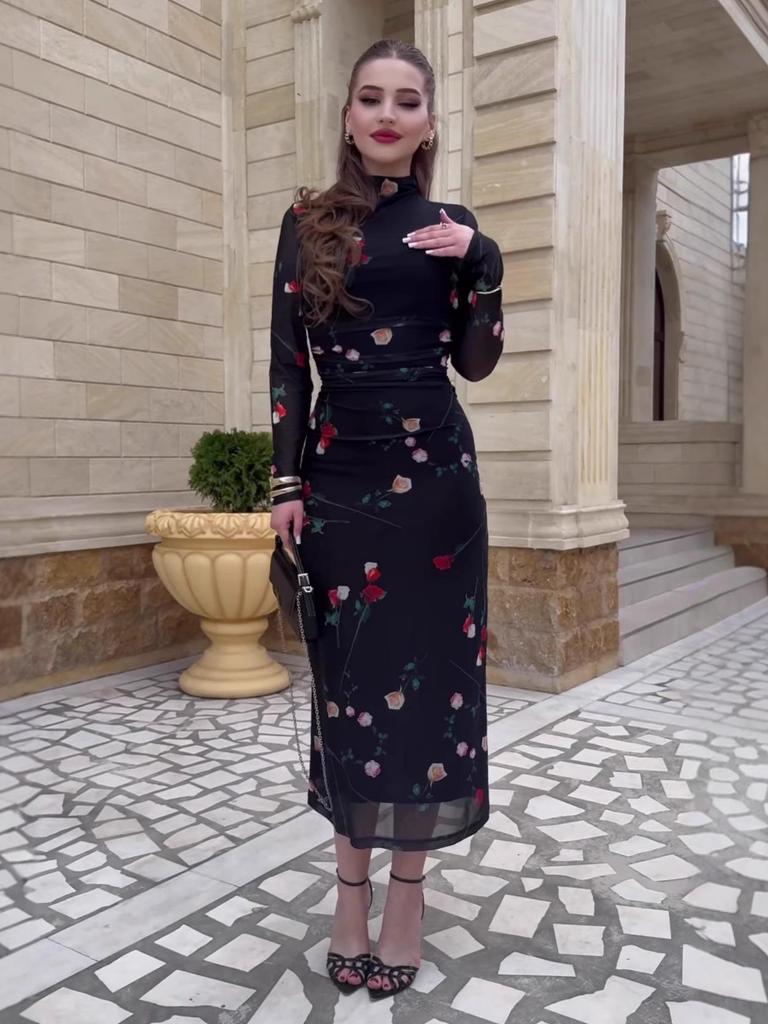 2025 Herbst Schwarzes Netz-Print Schlankmachendes Langarmkleid