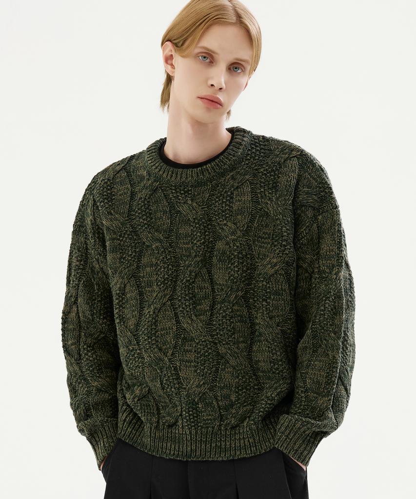 TRILLION Washable Big Cable Oversized Crew Neck Knit [Khaki]