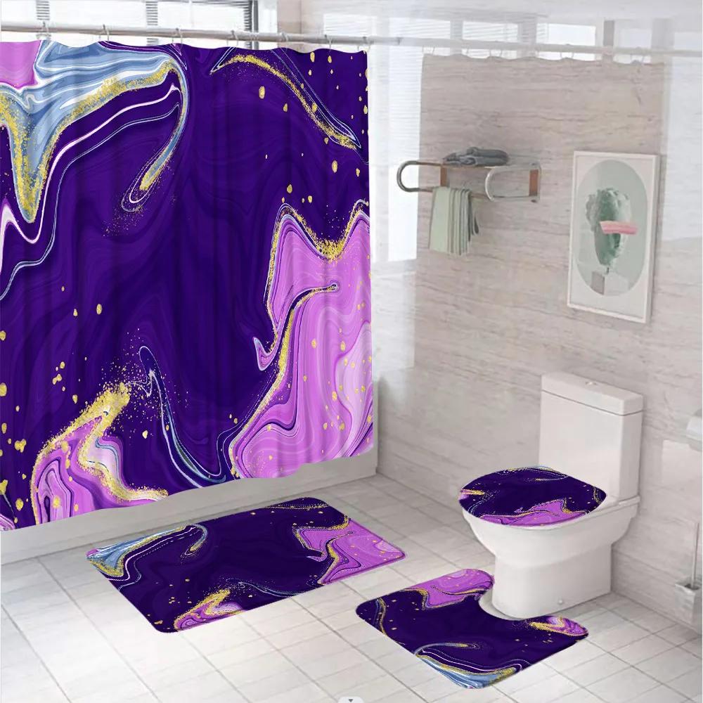 Marbling 3D Shower Curtains Luxury Marble Blue Golden Veins Bath Mats Set Pedestal Rug Toilet Cover Bathroom Curtain With Hooks