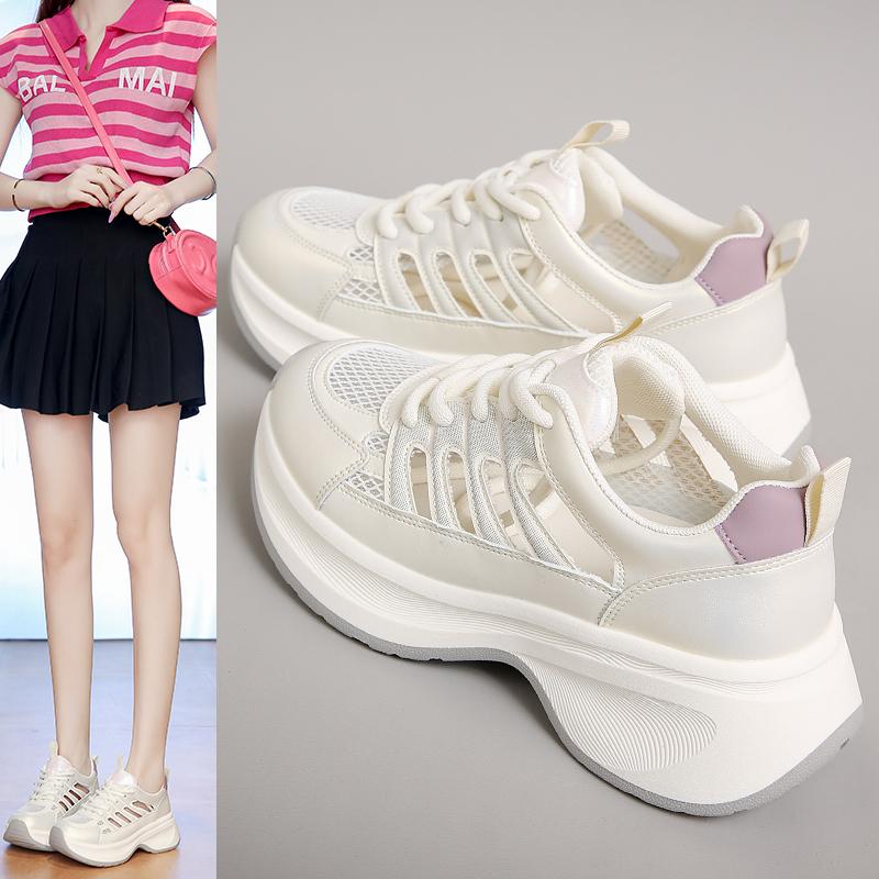 Fashion 2025 New Summer Thin Web Red Sneakers Women's Internal Heel Increase Sports Shoes Versatile Casual Thick Bottom White Mesh Shoes