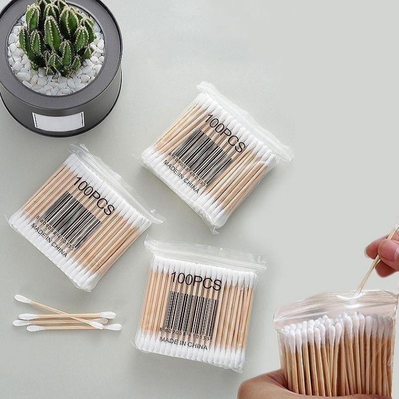 500pcs/box & 100pcs/bag Double Head Wood Cotton Swab Nose Ears Cleaning Women Makeup Tools Cotton Buds Tip Sticks Multi-purpose