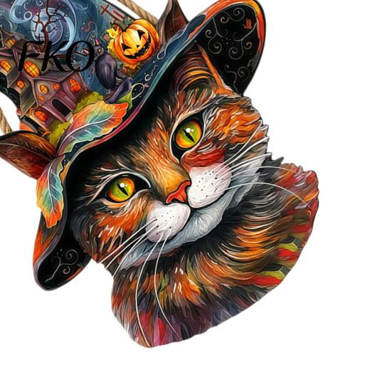 Witch Hat Halloween Sign Wooden Hanging Door Sign, Cute Painted Cat Welcome Ornament with Haunted Solid Wood Plaque House Pumpkin, Rustic Wall
