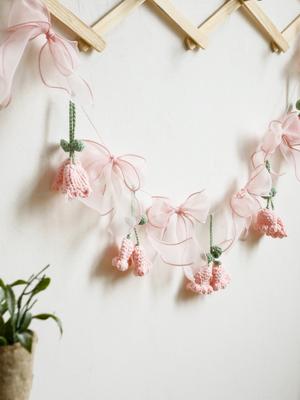 Handmade Crochet Flower Garland, Pink Floral Banner with Bows, Baby Shower, Wedding, Nursery, Party, Boho Wall Decoration Gifts